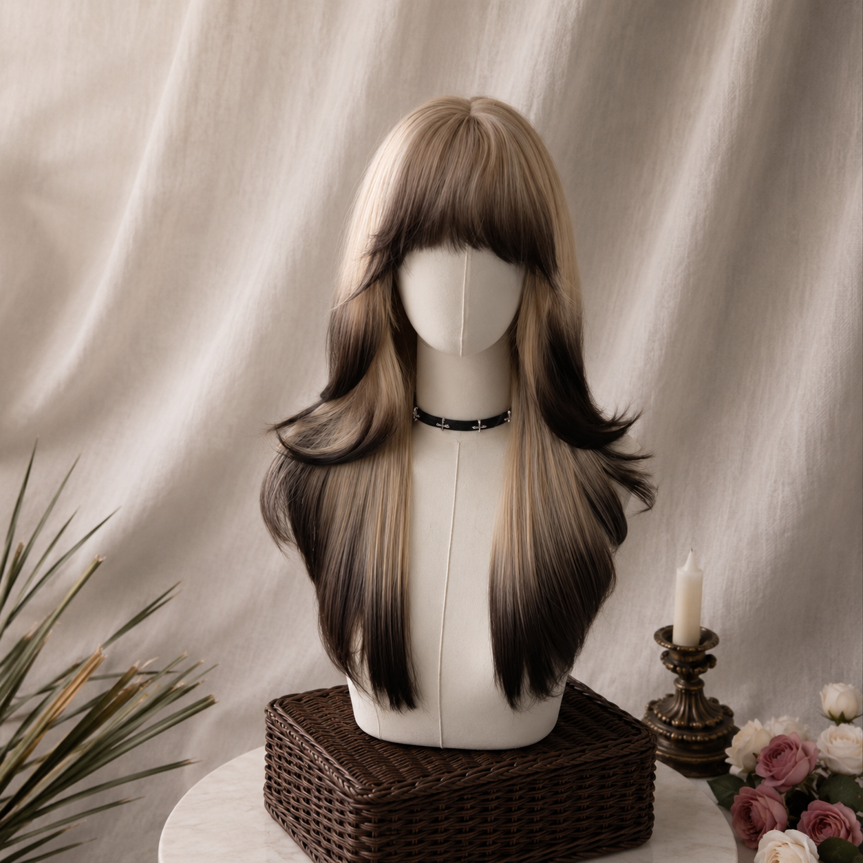 Ombre Long Curly Wig With Wispy Bangs