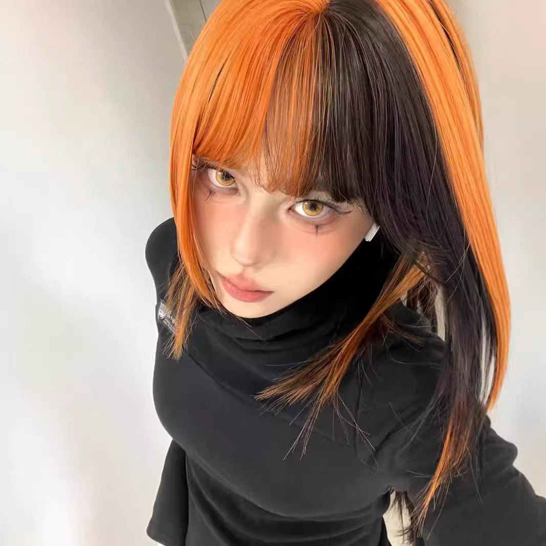 Womens Black And Dirty Orange Ombre Clavicle-Length Y2K Wig Cap