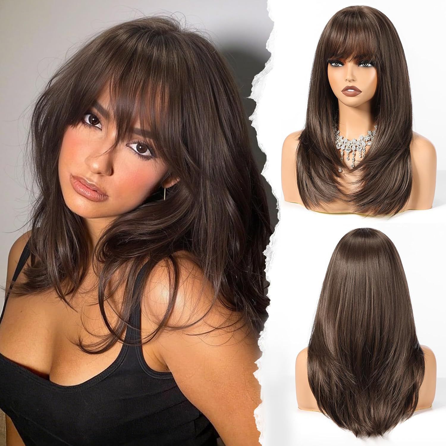 Womens Brown Wig Cap Full-Cover Stylish Everyday Elegant Wig