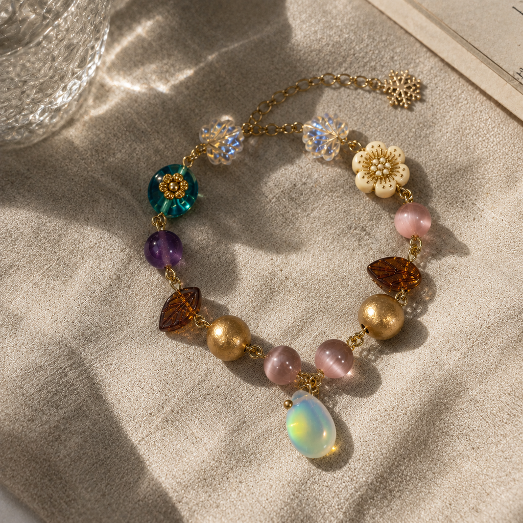 Mid-century Vintage Snowflake And Waterdrop Pendant Bracelet