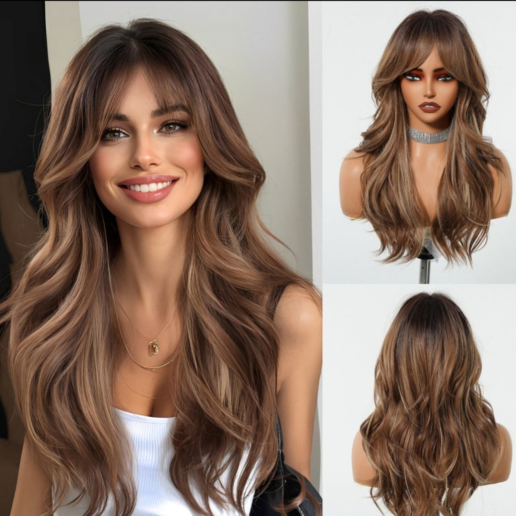 Simulation Of Natural Eight-Character Bangs Long Curly Wig Cap