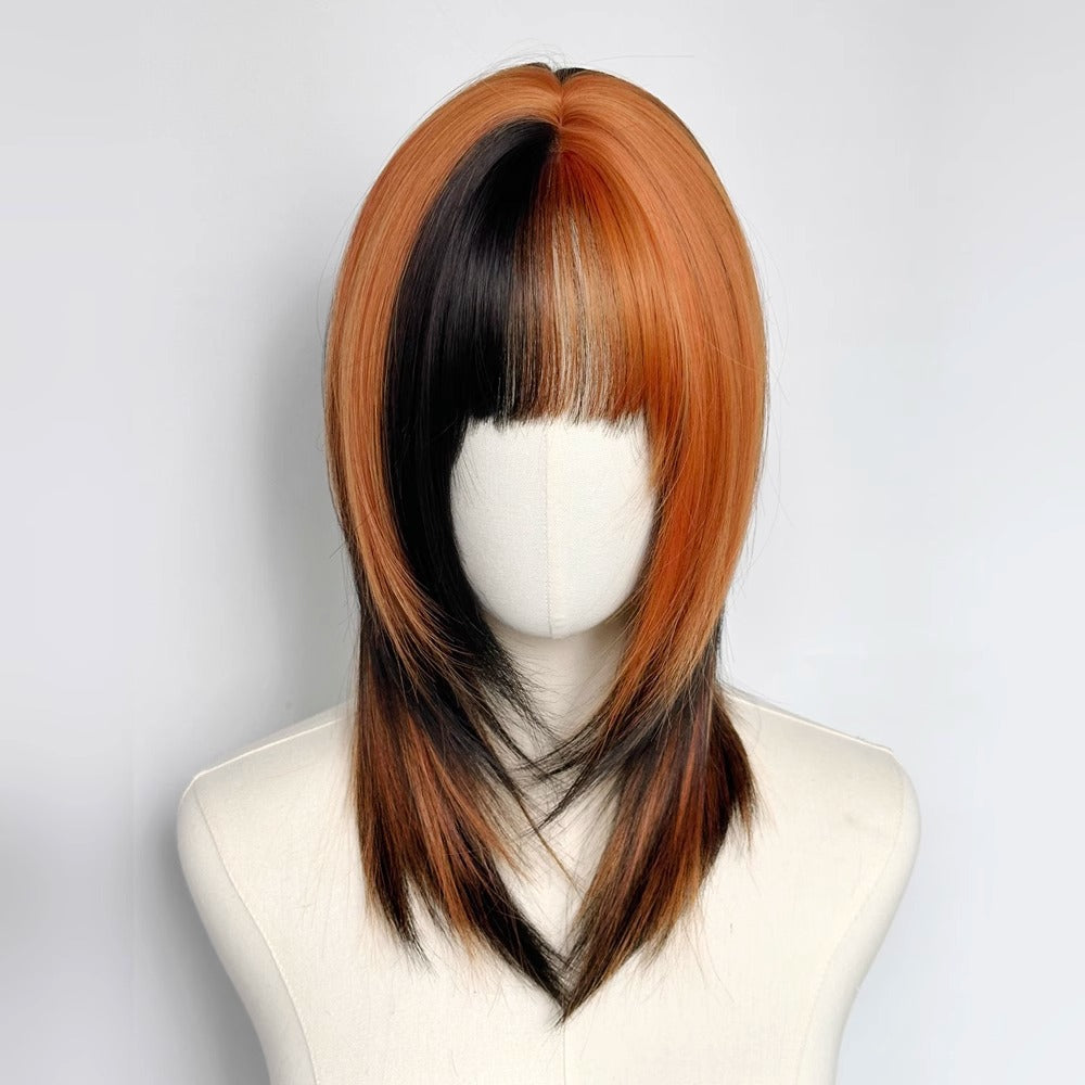 Womens Black And Dirty Orange Ombre Clavicle-Length Y2K Wig Cap