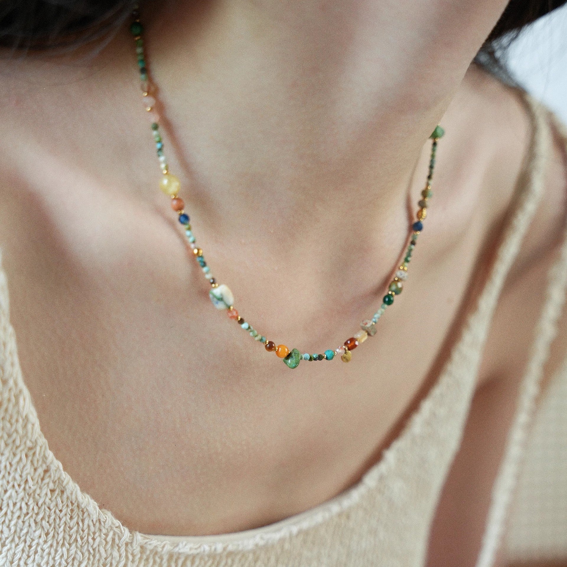Original Chinese-style Natural Raw Turquoise Multi-Gemstone Necklace