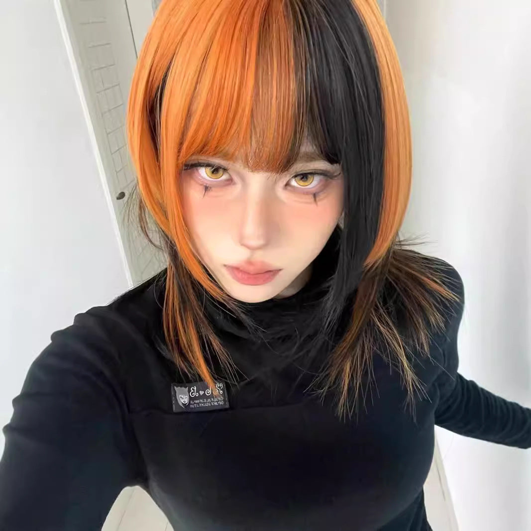 Womens Black And Dirty Orange Ombre Clavicle-Length Y2K Wig Cap