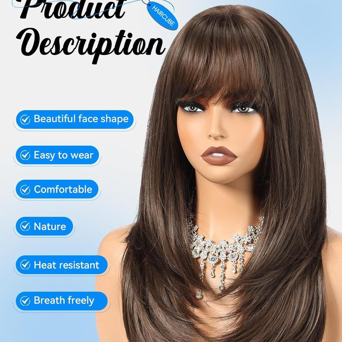 Womens Brown Wig Cap Full-Cover Stylish Everyday Elegant Wig