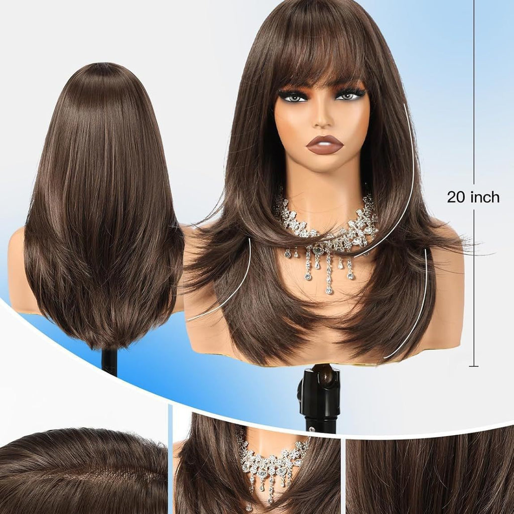 Womens Brown Wig Cap Full-Cover Stylish Everyday Elegant Wig