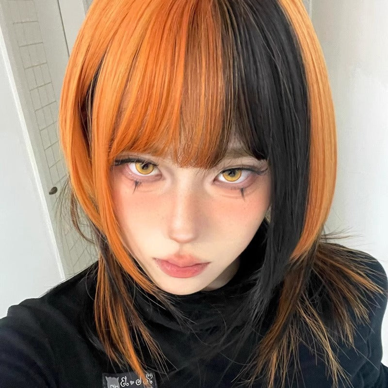 Womens Black And Dirty Orange Ombre Clavicle-Length Y2K Wig Cap