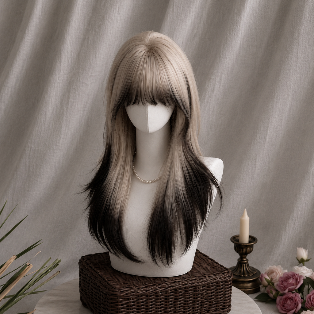Ombre Long Curly Wig With Wispy Bangs