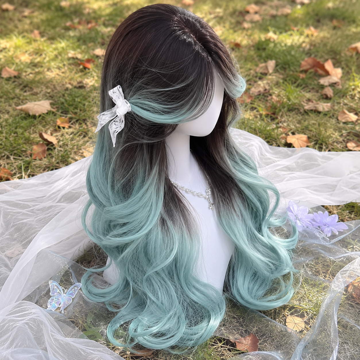 Mint Ombre Long Wavy Wig for Everyday Wear