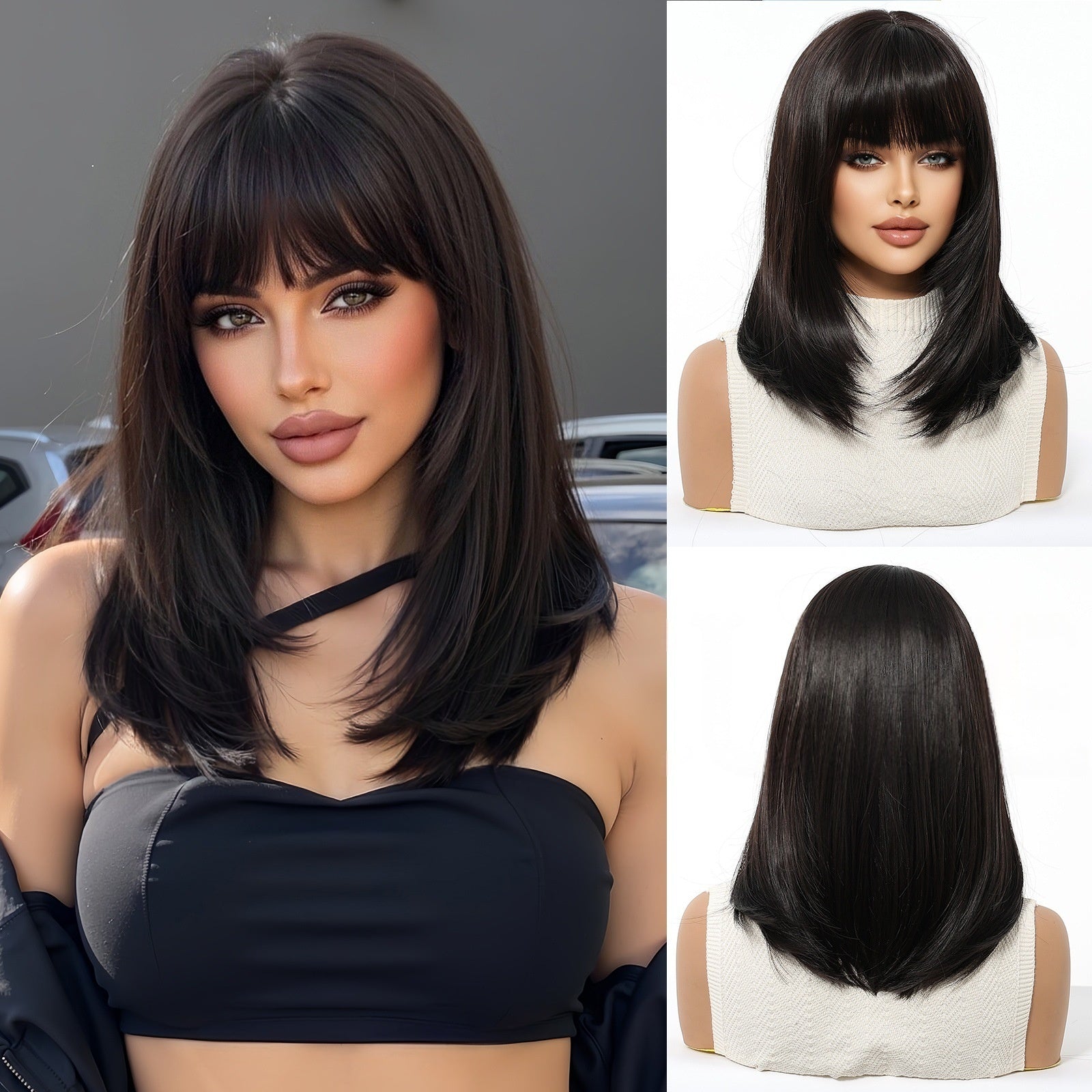 Womens High-Temperature Synthetic Wig With Bangs Hair Cap