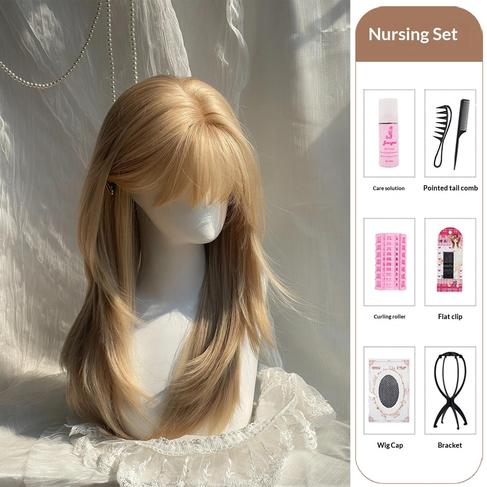 Women's High-End Full Head Wig With Platinum Blonde Air Bangs