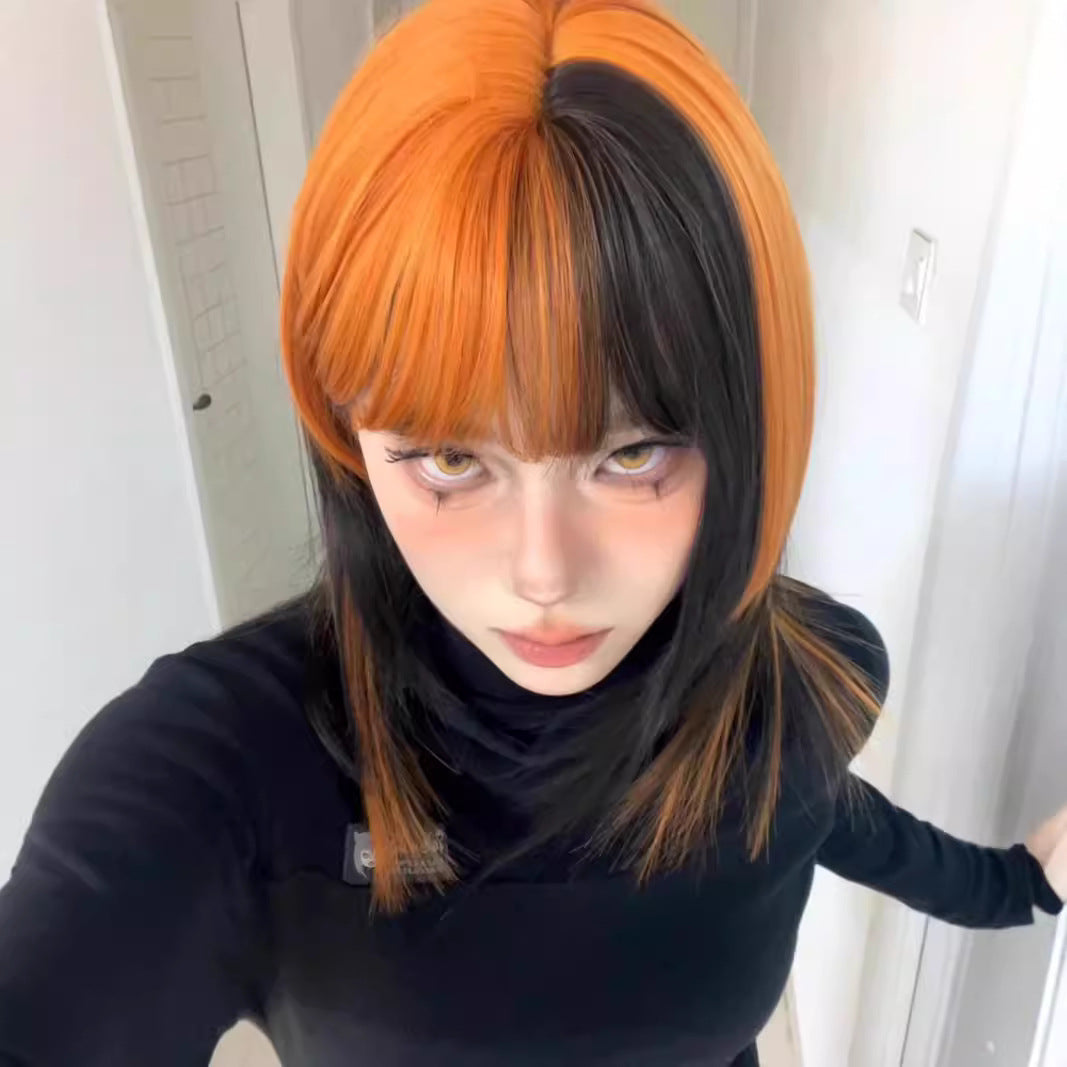 Womens Black And Dirty Orange Ombre Clavicle-Length Y2K Wig Cap