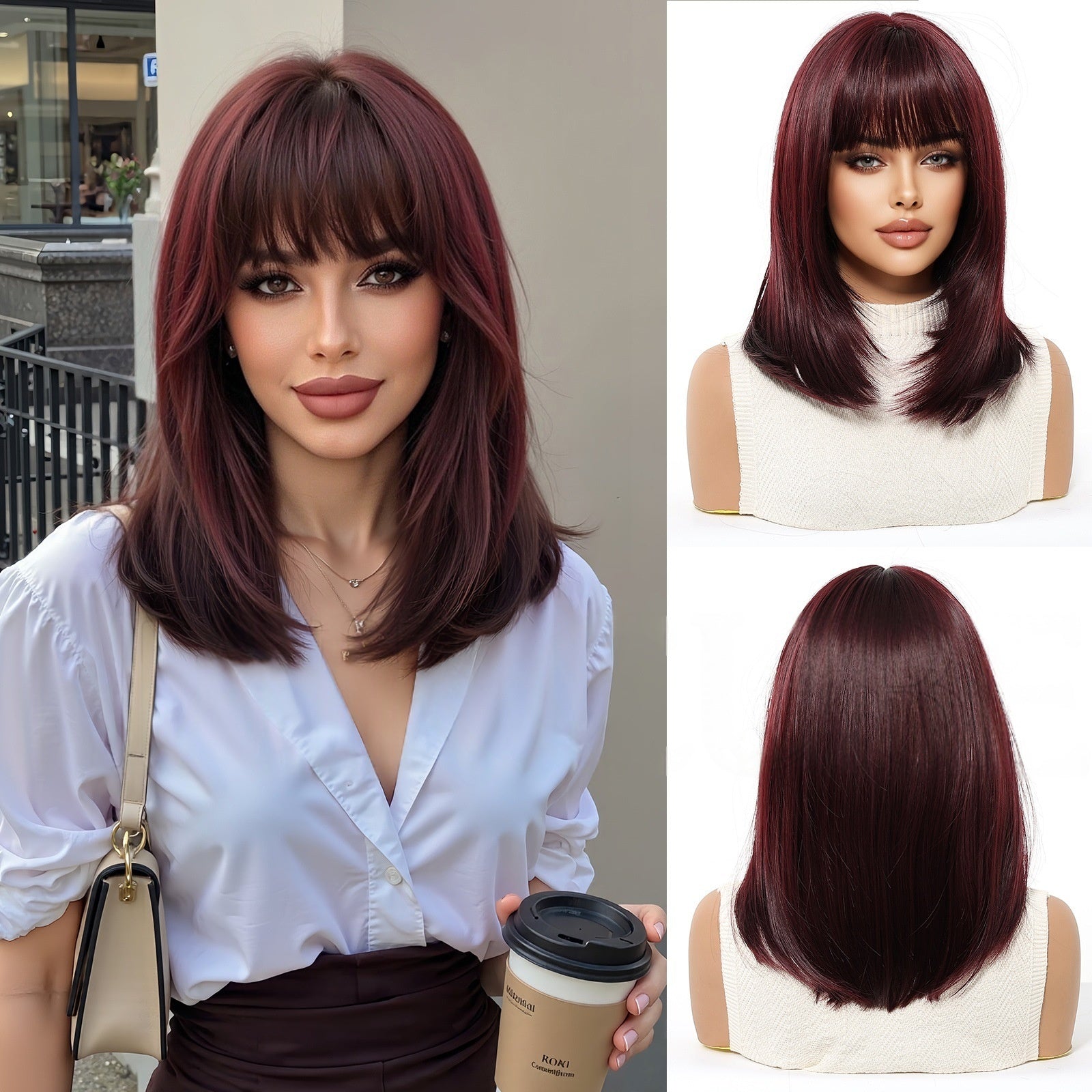 Womens High-Temperature Synthetic Wig With Bangs Hair Cap