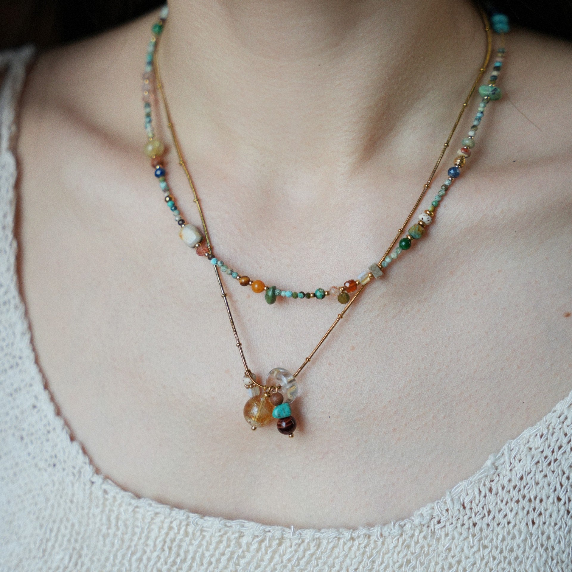 Original Chinese-style Natural Raw Turquoise Multi-Gemstone Necklace