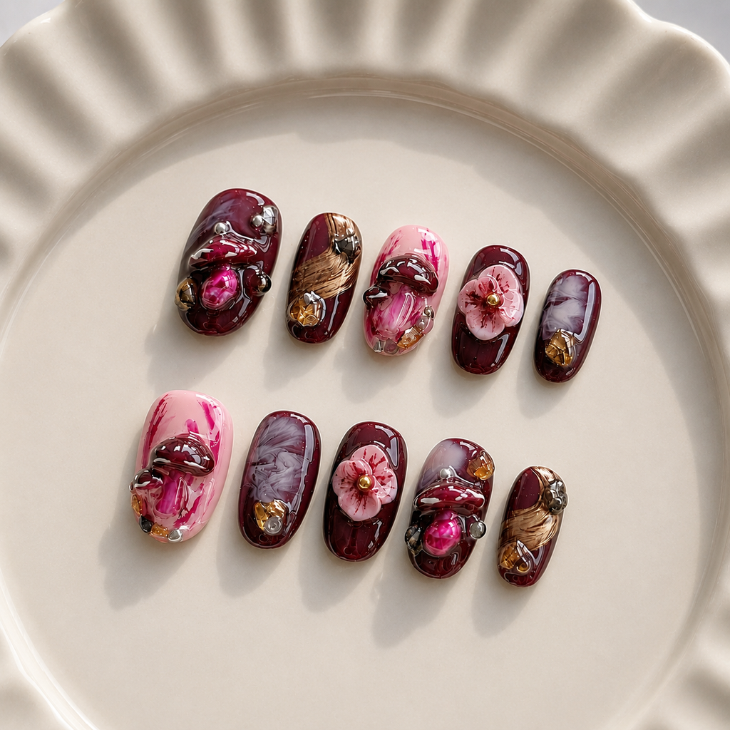Ten decorative press-on nails arranged on a cream-colored ceramic plate. The nails feature glossy dark burgundy, pink, and marbled designs with raised floral and metallic gold details.